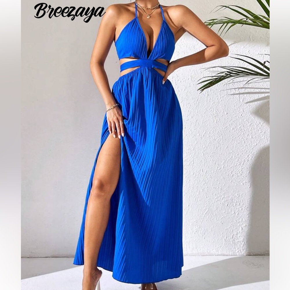 Blue halter neck with cut out summer slit dress